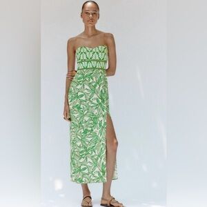 Zara Green and White Strapless Gown with Slit
